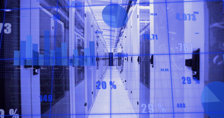 Charts appearing over data center corridor while metrics updating and rainbow distortion sweeping. Futuristic, technology, analytics, digital, modern, innovation, process