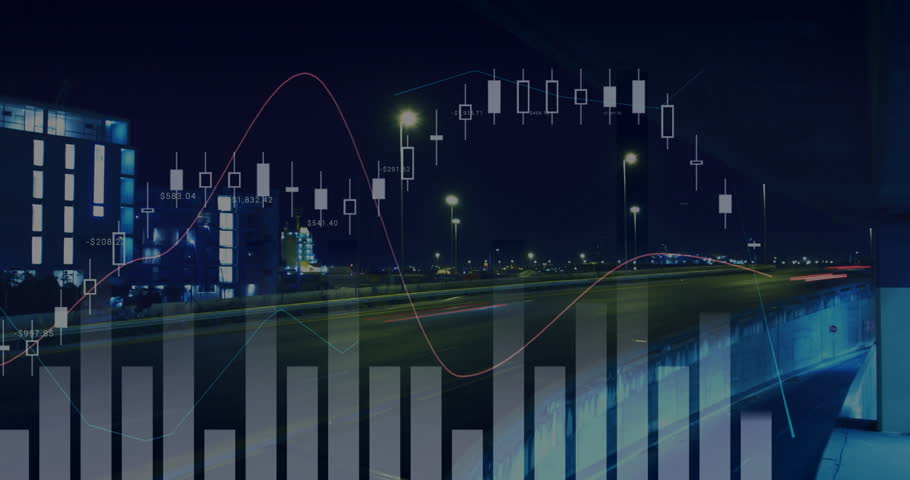 On play financial dashboard overlaying highway shifting candlestick bars reflecting volume changes. Technology, analytics, data, urban, futuristic, motion, innovation