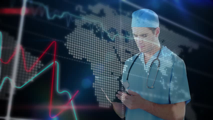 Doctor scanning tablet and initiating animated heartbeat world map charts for health monitoring. Medical, technology, analytics, futuristic, digital, health, data - Powered by Shutterstock - Get 15% off with code: PIKWIZARD15