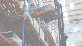 Mast approaching rack triggers forks lifting pallet into shelf while grid intensifying analytics. Industrial, logistics, automation, warehousing, supply chain, data visualization, efficiency - Powered by Shutterstock - Get 15% off with code: PIKWIZARD15