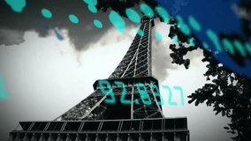 Teal ovals sweeping sky sparking Eiffel Tower with map fading and coordinates appearing for mapping. Geometric, futuristic, technology, data visualization, civic landmark, digital, modern - Powered by Shutterstock - Get 15% off with code: PIKWIZARD15