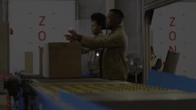 Workers placing box on conveyor initiating warehouse network overlay showing person and cloud icons. Industrial, logistics, automation, connectivity, collaboration, digital, efficiency - Powered by Shutterstock - Get 15% off with code: PIKWIZARD15