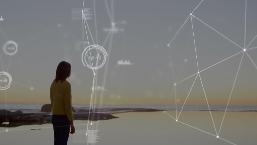 Stepping onto rock at dusk woman launching tech mesh overlay with pulsing HUD nodes mapping horizon. Futuristic, innovation, connectivity, digital, science, technology, landscape