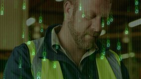 Operator in safety vest tapping tablet with streaming binary overlay tracking warehouse data. Technology, data, industrial, cybersecurity, programming, machinery, analytics - Powered by Shutterstock - Get 15% off with code: PIKWIZARD15