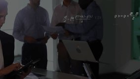 Seated woman tapping tablet and retrieving data during business meeting with floating formulas. Collaboration, teamwork, innovation, dataanalytics, technology, modernoffice, professional - Powered by Shutterstock - Get 15% off with code: PIKWIZARD15