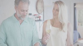 Man chopping veg and woman sipping wine in kitchen as chat sparking tech network overlay expanding. Domestic, interaction, modern, connection, lifestyle, technology, communication - Powered by Shutterstock - Get 15% off with code: PIKWIZARD15