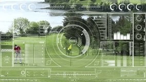 Golfer swinging putter on golf green starting HUD overlay showing gauges metrics tracking ball roll. Sports, technology, precision, outdoors, performance, analytics, innovation - Powered by Shutterstock - Get 15% off with code: PIKWIZARD15