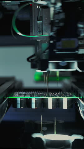 Close-up: machine installs components on circuit board. Electronic devices PCB industry. Factory of graphics processing unit, GPU processor. Production of video cards for artificial intelligence.