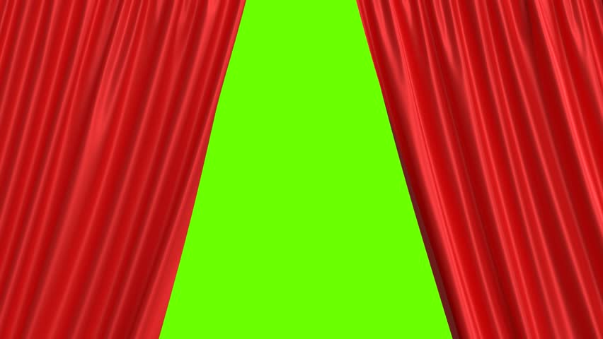 Red stage curtains opening and closing on a green screen