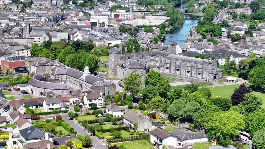 Aerial view of Kilkenny Castle in Kilkenny, Ireland. Cultural heritage, sightseeing.