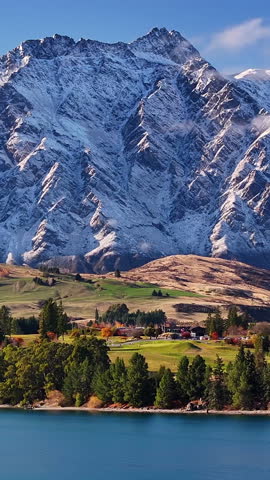 The Remarkables in Queestown capped by fresh snow. Beauty in Nature, New Zealand. Vertical