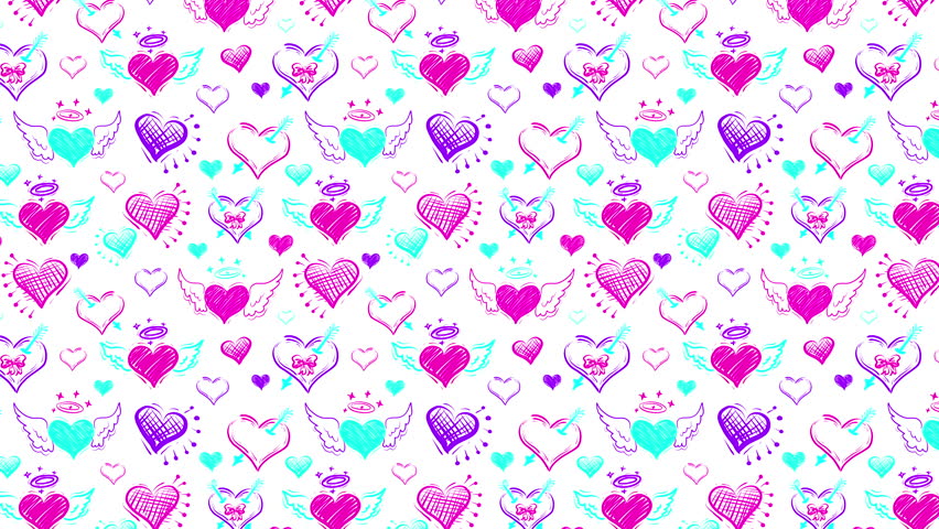 Animated hand drawn hearts pattern doodle style motion hand drawn hearts texture. Valentine