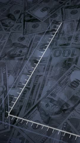 Animation of an ascending blue histogram following an arrow against a background of dollar bills. Vertical video. 3D rendering.
