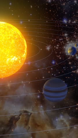 Looping animation of the solar system, planets moving around the sun, black hole passing in the background. Vertical video. 3d render.  Elements of this image are furnished by NASA.
