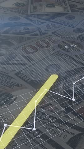 Yellow line chart and various diagrams and graphs on the background of dynamic numbers and dollar bills. 4k. Vertical video. 3d render.
