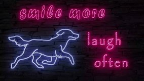 Smile more laugh often, pink text silhouette of happy dog running illuminated 3d illustration fluorescent retro neon sign on dark brick wall, eye catching digital postcard for vets, dog shelters 10s4k - Powered by Shutterstock - Get 15% off with code: PIKWIZARD15