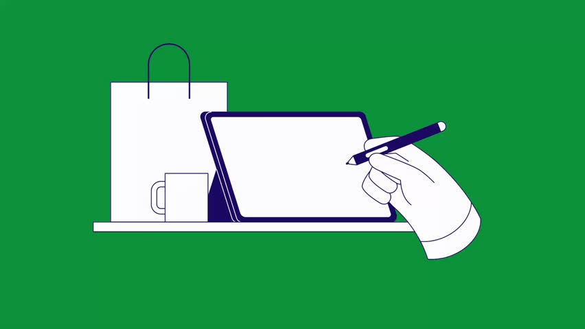 A clean and modern animation illustrating the process of branding design. A hand uses a stylus to create a logo on a tablet, with mockups of a shopping bag and mug in the background. Green screen.