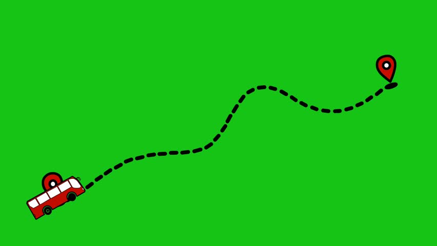 Animated Bus Route with Destination Map Pins on Green Background