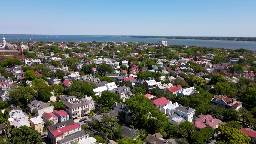 Charleston South Carolina Battery Harbor aerial view rotate up shot