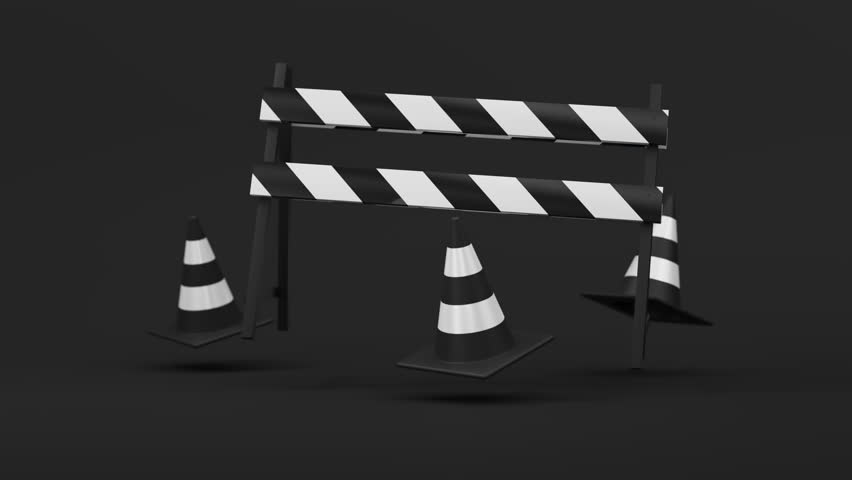 Floating white black Traffic cones and barrier on black background. Safety warning, under construction or coming soon symbol. 3d render loop