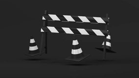 Floating white black Traffic cones and barrier on black background. Safety warning, under construction or coming soon symbol. 3d render loop - Powered by Shutterstock - Get 15% off with code: PIKWIZARD15