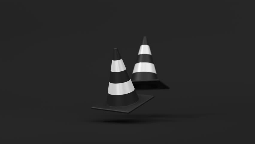 Floating pair of white black traffic cones on black background. Safety warning, under construction or coming soon symbol. 3d render loop