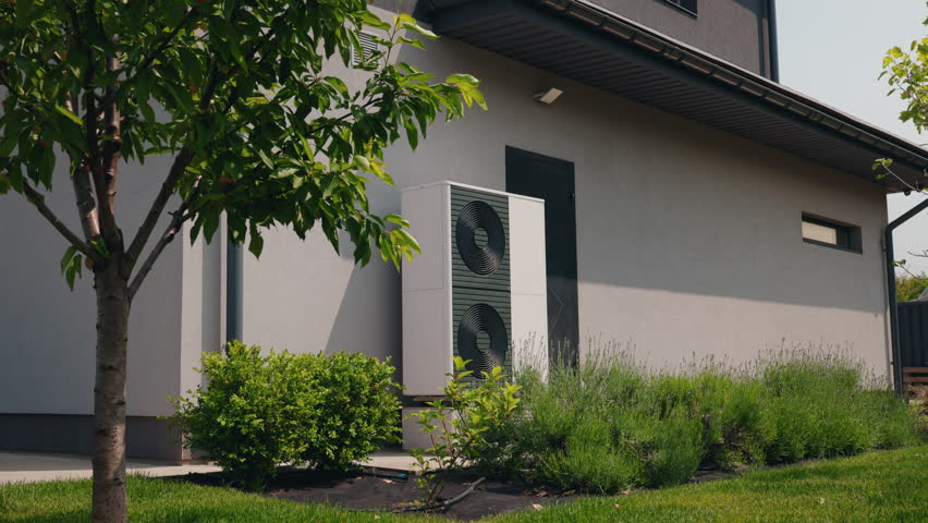Modern heat pump unit installed outside a private house surrounded by green shrubs and neatly trimmed grass on a sunny day. High quality 4k footage