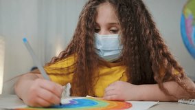 Child wearing mask drawing rainbow. Focused child creating colorful rainbow artwork while wearing mask. Safe and creative activity masked child draws rainbow. Masked child engaged in rainbow drawing - Powered by Shutterstock - Get 15% off with code: PIKWIZARD15