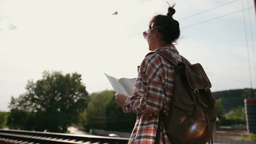 A young explorer stands at the railway tracks, holding a detailed map in hand, ready for adventure