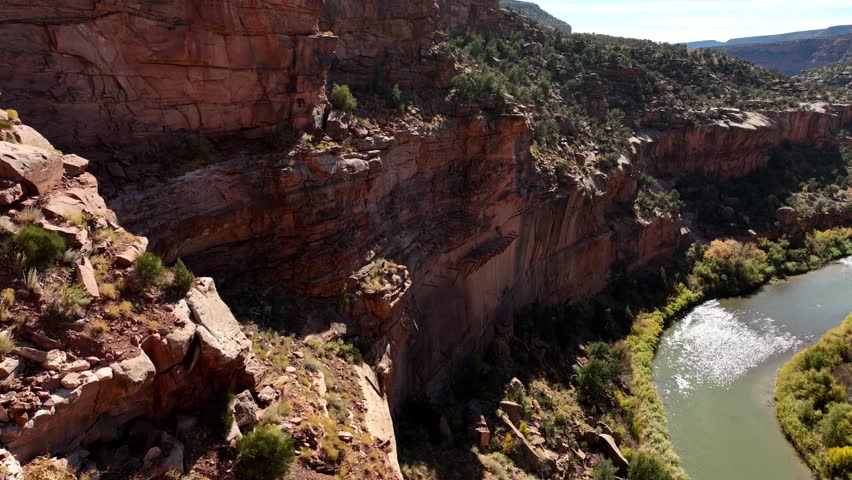 Aerial of the remains of the Hanging Flume water chute built in the Dolores River Canyon in Colorado. The flume was built in the 1880’s to transport water for gold mining.