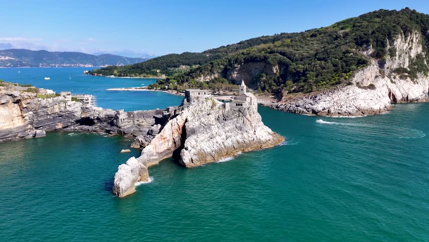 Portovenere Village with San Pietro Church, Cinque Terre Coast of Italy. La Spezia, Liguria, Italy