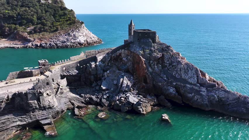 Portovenere Village with San Pietro Church, Cinque Terre Coast of Italy. La Spezia, Liguria, Italy