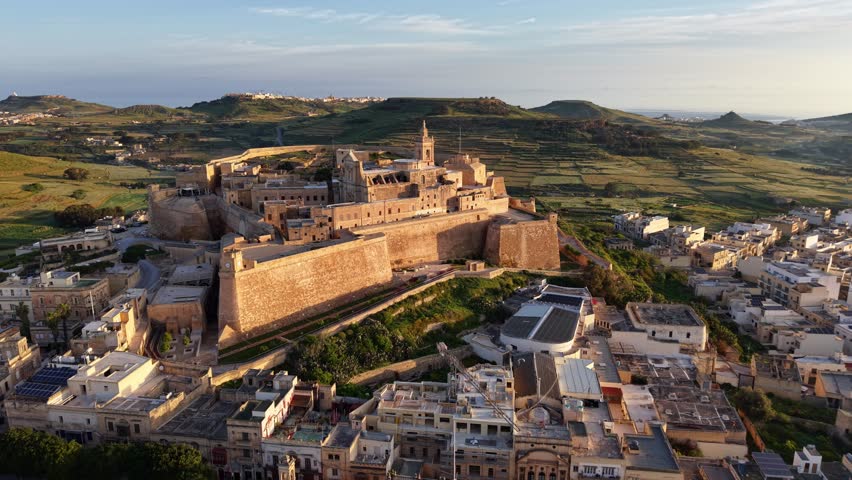 Citadel in Gozo from a breathtaking aerial perspective at sunset