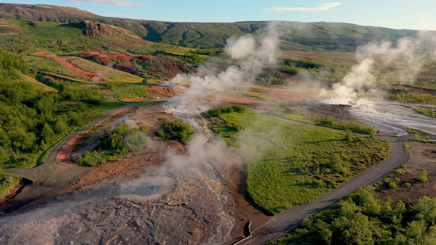 aerial perspective of a vibrant hot spring in its natural setting. Geysir. Iceland