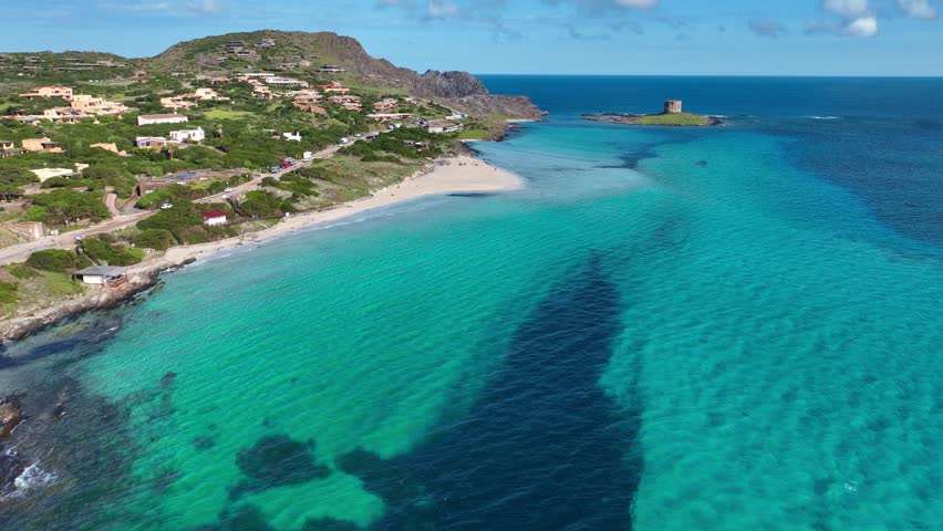 aerial view of La Pelosa beach in Sardinia, Italy, Mediterranean paradise destination, holiday in Sardinia, Italy