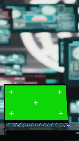 Vertical Video Empty space with mockup screen on pc used to initiate a cyber intrusion, compromising IT security through coding, identity theft and encryption bypass. Trigger alarms for threat