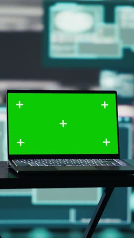 Vertical Video Empty scene with green screen on laptop showcases quantum threat on the dark web, space for a cyber crime with system override and identity theft. Cracking passwords to steal data