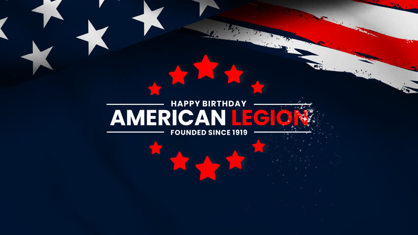 happy birthday american legion text animation with US flag waving , 4k  video