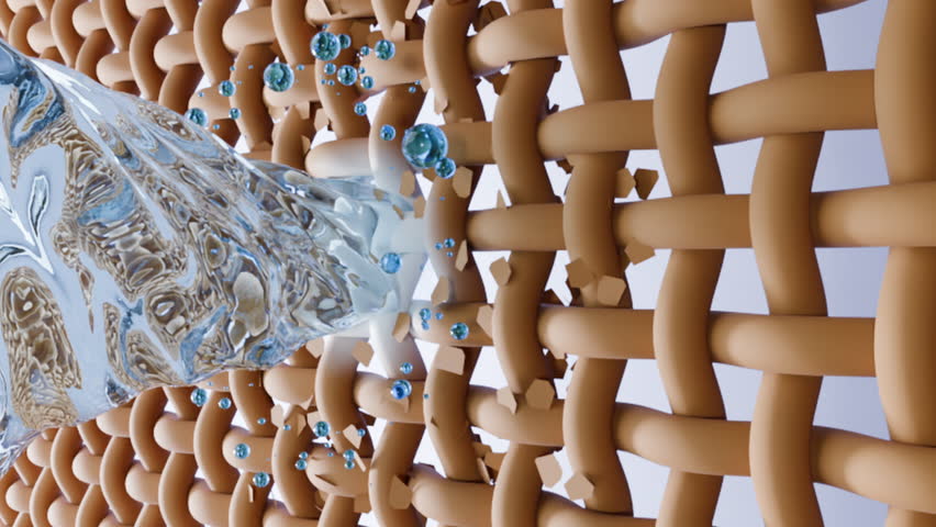 Scene demonstrates superior cleaning power, the water vortex swirls deeply and removes stains and discoloration on fabric fibers, releasing tiny blue essences.