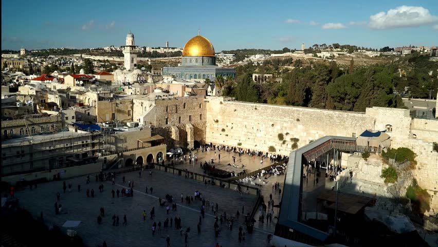 Jerusalem, a Muslim holy site top the Temple Mount in Jerusalem, Israel Drone view over the top of the mosque, a sacred site of Jewish prayer Drone