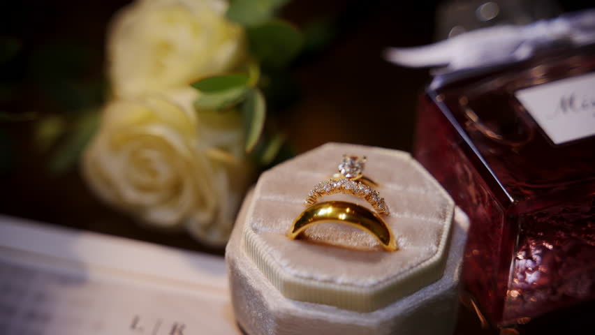 The engagement and wedding rings in the white jewelry box