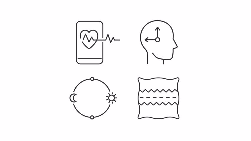 Sleep management line animation set. Health and rest improvement strategy animated icons. Human biological rhythms regulation. Outline elements on white background. HD video with alpha channel