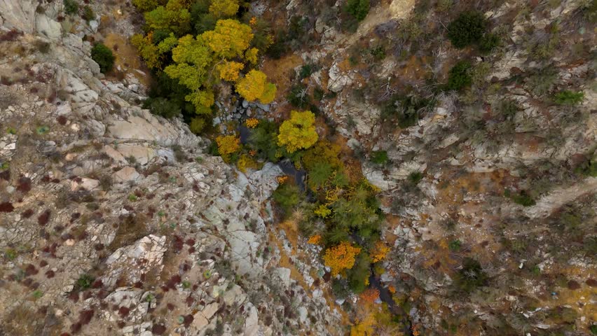 Top down aerial view of Big Tujunga Narrows Bridge along Angeles Forest Highway, Angeles National Forest, California, showcasing vibrant fall foliage and majestic mountain landscapes.
