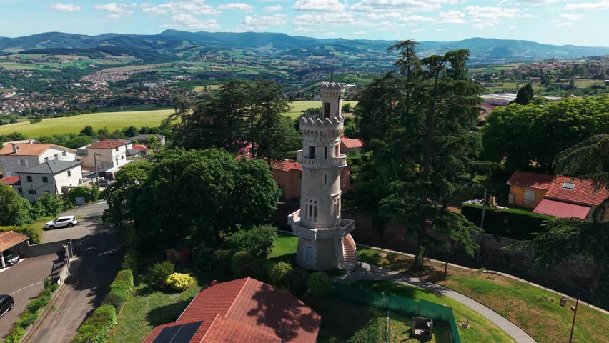 aerial shot arounf the tower of jealousy in Saint Martin La Plaine on a beautiful day in Loire departement, Auvergne Rhone Alpes region, France
