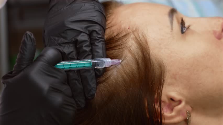Doctor performing plasma therapy injection into scalp for hair regeneration. Cosmetologist using syringe to deliver PRP treatment for healthy hair growth. Aesthetic specialist applying mesotherapy