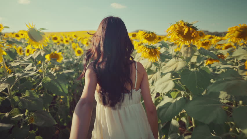 Point of view of young asian man holding hands with his girlfriend as she runs ahead joyfully through blooming sunflower field at sunset – romantic freedom and couple travel adventure in nature