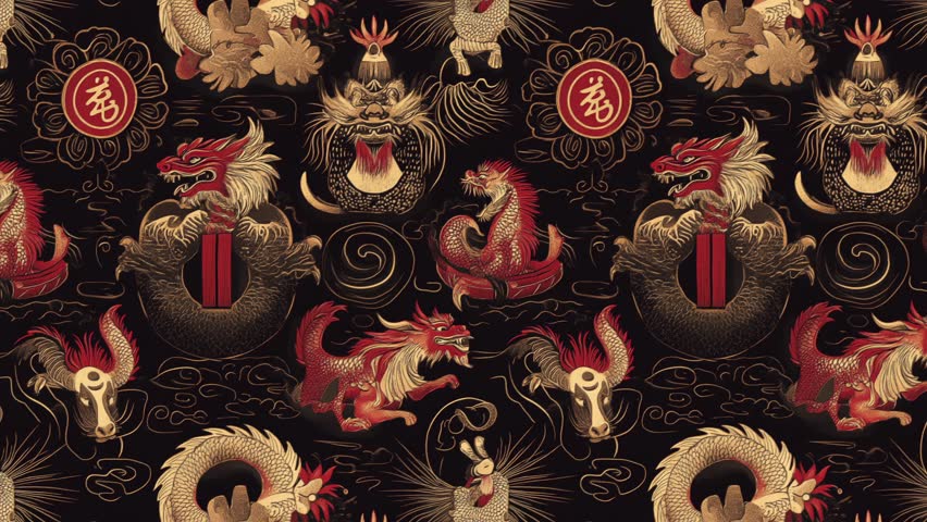 Dark ornamental zodiac montage with gold and red dragon and animal motifs arranged in a richly detailed repeating pattern over a black field with circular emblem accents. Diagonal motion. The repeating tile layout maintains consistent spacing and clear icon silhouettes across the frame. Highlights and shadows define the raised surfaces and smooth contours of the shapes. Diagonal motion.