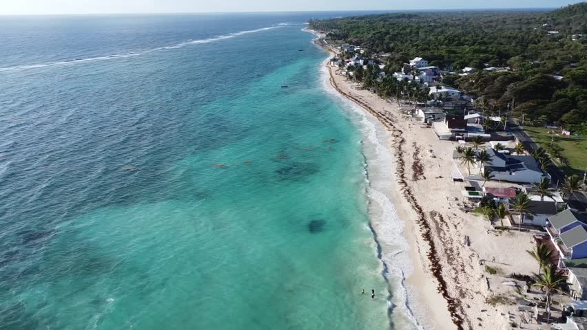 Aereal shot of a stunning beach at the Colombian Caribban sea. San Andres islas