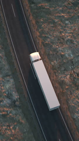 Top view of a white long distance semi truck with cargo trailer driving on a desert road into the sunset. Drone POV following the truck. 3d animation rendering. Vertical Video