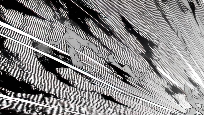 A radial explosion of fine white speed lines spreads from a bright center, surrounded by scattered dark fragments and splashes. The monochrome palette emphasizes stark contrast between luminous white rays and deep black areas. Dense hatching and ink-like splatter textures reflect a manga action-panel aesthetic with dramatic energy. Works as a high-contrast abstract background for digital screens.